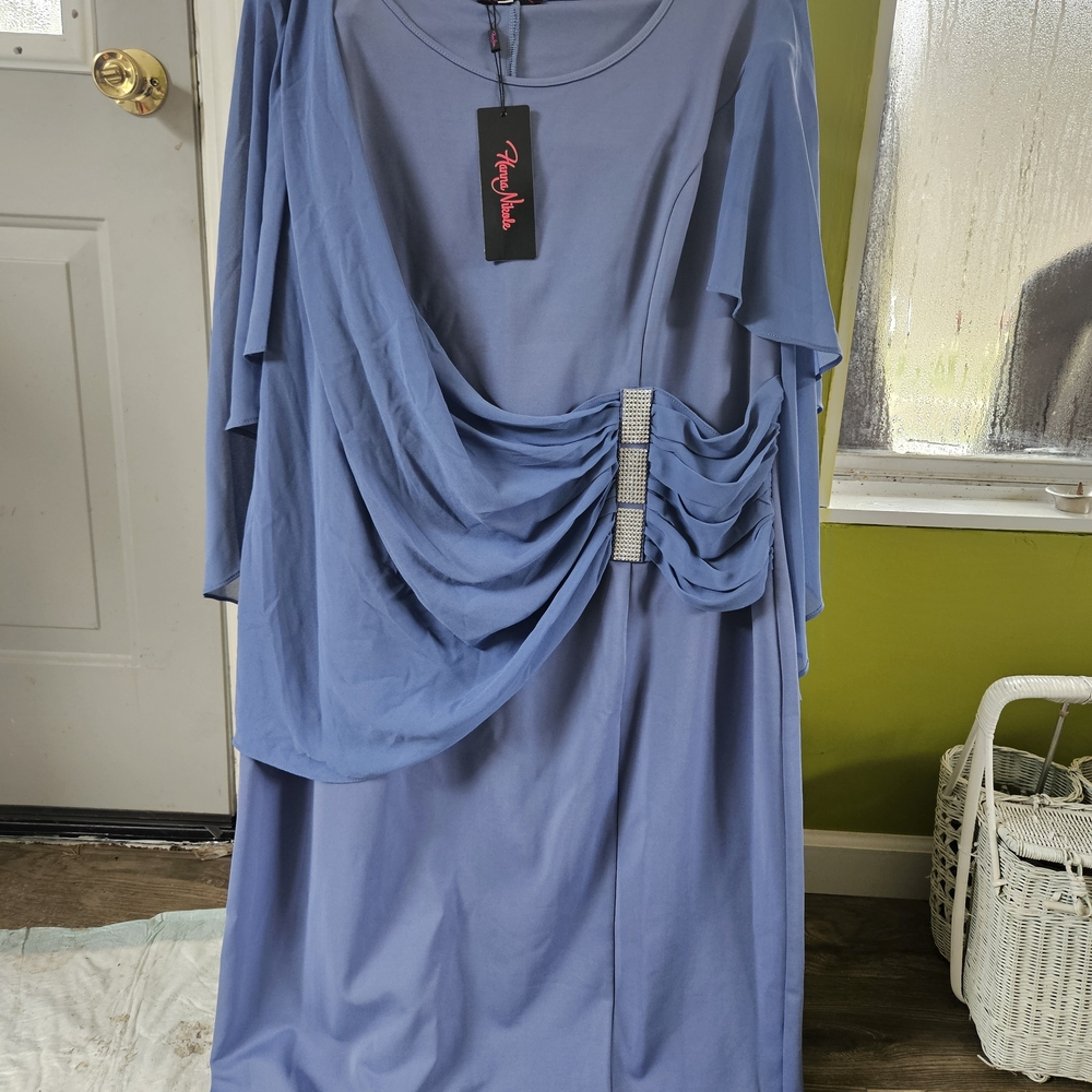 Alia Elegant Blue Long Sleeve Dress with Rhinestone Detail